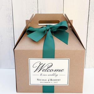 ASSEMBLED Wedding Welcome Boxes - Personalized Hotel Welcome Boxes for Wedding Guests - Gable Boxes, Ribbon & Labels - we assemble!