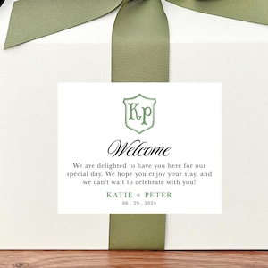Boîtes de bienvenue pour écusson de mariage et lettres ASSEMBLÉS - Boîtes de bienvenue d'hôtel pour mariage Boîtes de pignon, ruban et étiquettes -- nous assemblons ! image 2