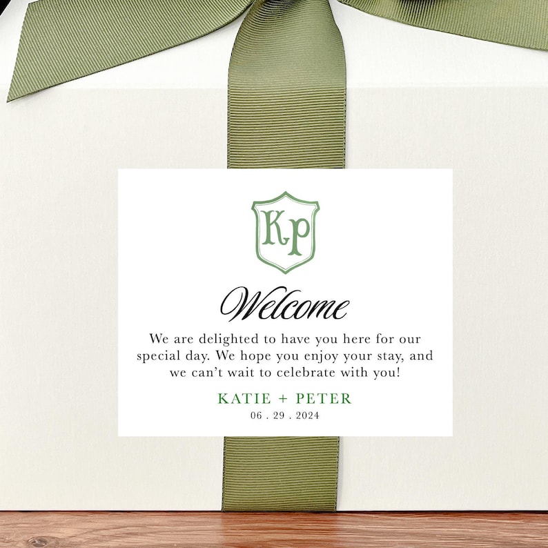 Boîtes de bienvenue pour écusson de mariage et lettres ASSEMBLÉS - Boîtes de bienvenue d'hôtel pour mariage Boîtes de pignon, ruban et étiquettes -- nous assemblons ! image 2