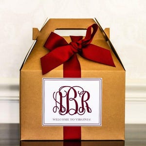 Monogram Wedding Welcome Boxes - Hotel Guest Welcome Boxes - Personalized Wedding Gable Boxes, Ribbon & Labels - we assemble!