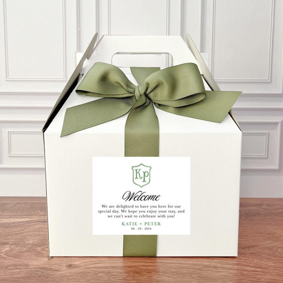 ASSEMBLED Wedding Crest and Letter Welcome Boxes - Hotel Welcome Boxes for Wedding Gable Boxes, Ribbon & Labels -- we assemble!