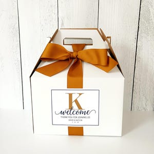 ASSEMBLED Personalized Wedding Welcome Boxes for Guests - Hotel Favor Gift Boxes - Custom Initial Gable Box, Ribbon & Labels - we assemble!