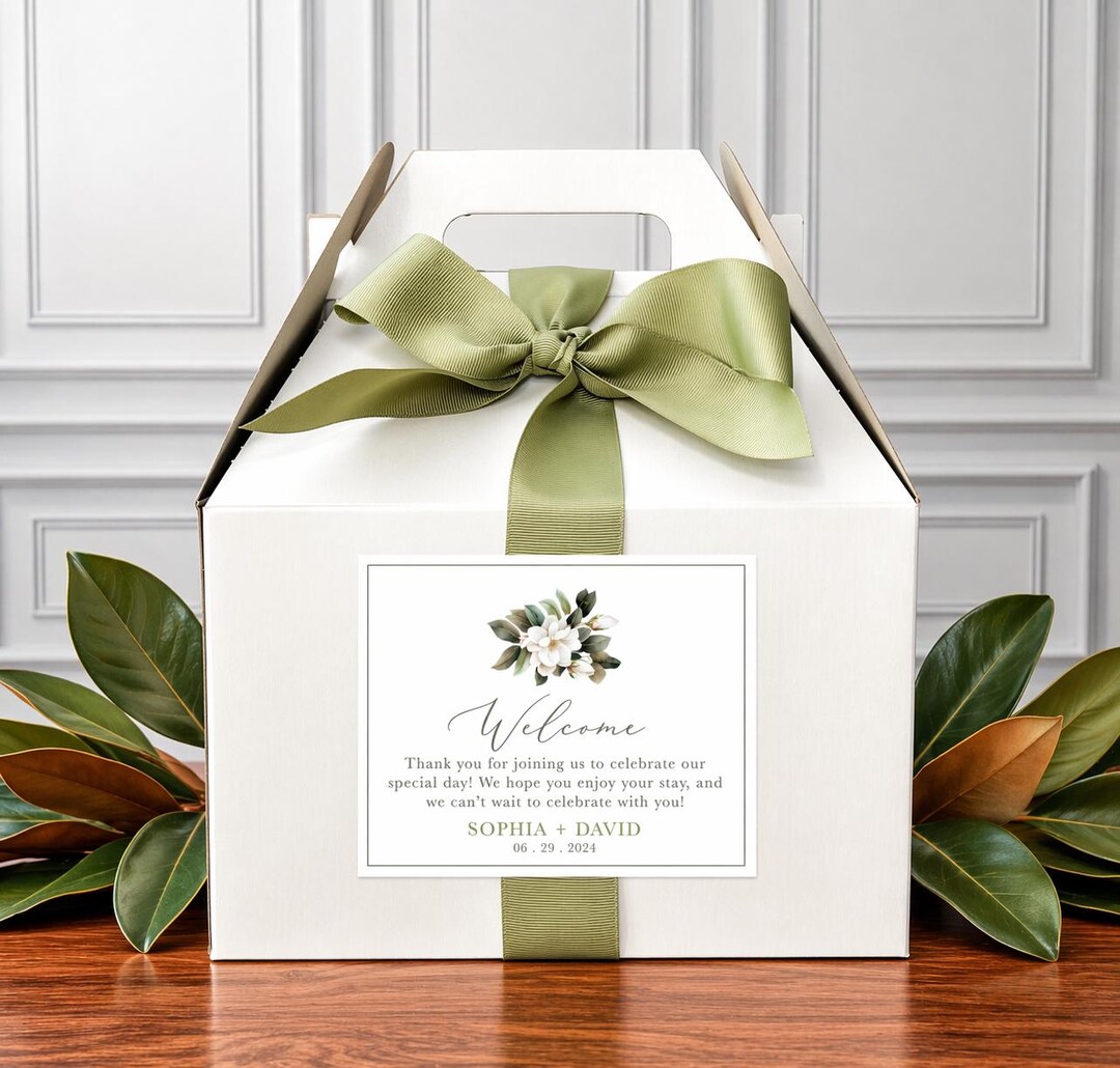 Magnolia Wedding Welcome Boxes for Hotel Guests - Gable Boxes, Ribbon ...