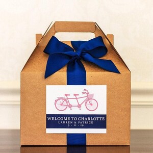 Tandem Bike Wedding Welcome Boxes - Hotel Welcome Boxes for Wedding Guests - Gable Boxes, Ribbon & Labels - we assemble!