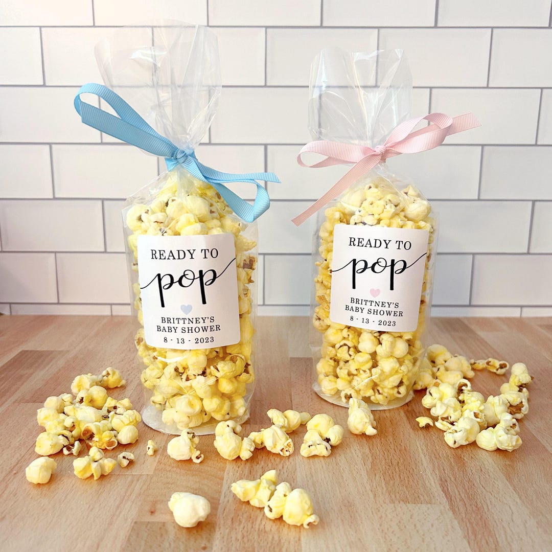 Baby Shower Popcorn Bags Labels Ribbon She #39 s Ready to Pop Sprinkle