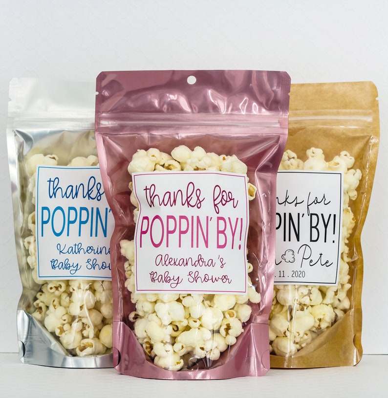 Wedding Popcorn Bags Thanks for Popping In Bags Popcorn Bar Bags Wedding Favors for Guests // Stand Up Zip Pouch Bags with Labels image 6