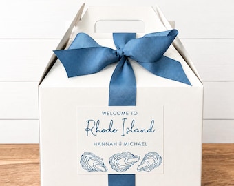 Oyster Wedding Welcome Boxes - Coastal Wedding Gable Boxes, Ribbon & Labels -- we assemble!