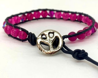 Adjustable Pink Agate Swarovski Crystal Peace Sign Beaded Leather Wrap Bracelet Gemstone Crystal Healing Bohemian Yoga Gifts for Her