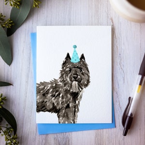 Bouvier des Flandres-verjaardagskaart, handgemaakte hondenkaart, aquarel Bouvier flanders cattle dog