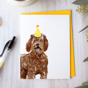 Carte d'anniversaire labradoodle, carte chien faite main, labradoodle chocolat aquarelle