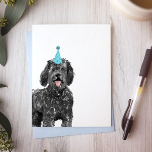 Biglietto di compleanno Labradoodle, biglietto di auguri fatto a mano per cani, labradoodle nero acquerellato