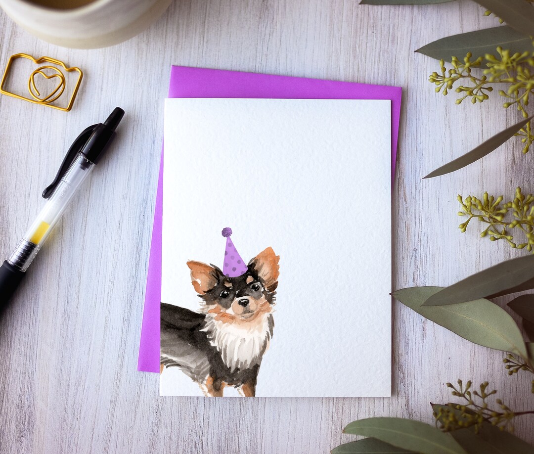 Chihuahua Birthday Card, Card for Dog Lover, Long Haired Chihuahua Art ...