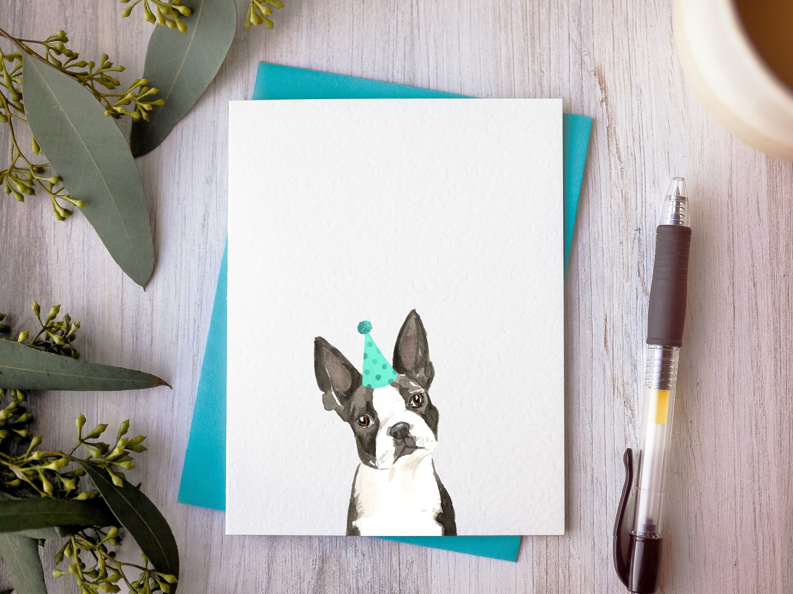 Boston Terrier Birthday Card Handmade Dog Card Watercolor | Etsy
