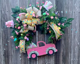 Easter wreath for front door - Vintage truck door decor - Pink Easter wreath - Easter door decor - Spring door wreath - Vintage truck wreath