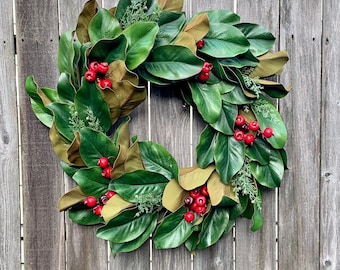 Magnolia Christmas Wreath with Evergreens and Red Berries - Winter Magnolia Wreath - Magnolia Holiday Door Decor - Farmhouse Holiday Wreath