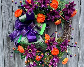 Elegant Halloween Wreath - Halloween Door Decor - Halloween Party Wreath - Fall Home Decor - Orange Purple Wreath - Whimsical Door Wreath