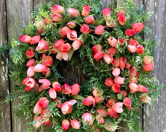 Peach spring wreath for front door - Tulip door decor - Peach tulip everyday wreath - Spring door decor - Housewarming present
