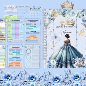 May include: A blue and gold quinceañera planner with a spiral binding. The cover features a watercolor illustration of a woman in a blue gown, butterflies, and a crown. Additional pages include event planning templates and a 2026 calendar.