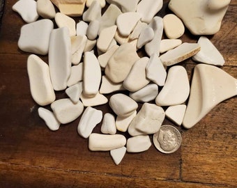 Assorted white beach pottery pieces found along lake michigan beaches