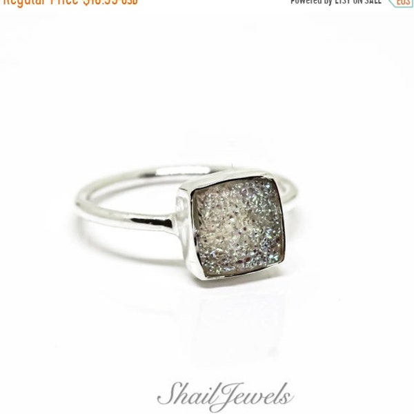 White Druzy Ring* Sterling Silver* Square* Dainty* Stacking* Ring Size 7 8 9