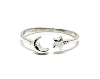 Sterling Silver Ring* Star* Half Moon* Crescent* Moon* Dainty* Adjustable* Midi* 925 Silver* Gift* Popular* Ring* Gift For Her