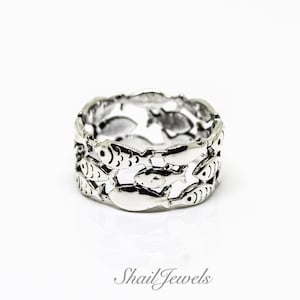 Swimming Against The Current, Ring, Sterling Silver,  School of fish, fish swimming upstream. Gift for HER and HIM