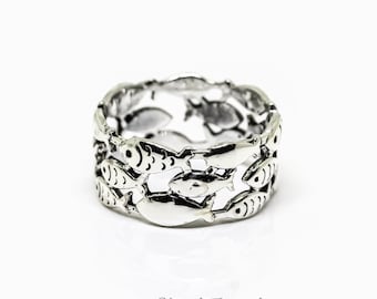 Handgemachter Sterling Silber Fisch Ring, Schwarm von Fischen, Zierliche stapelbare Band