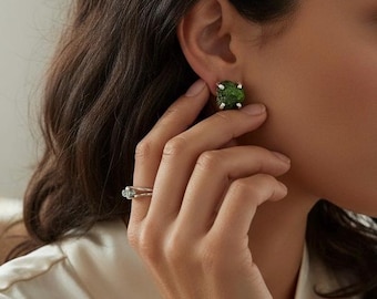 Green Tourmaline Rough Gemstone Stud Earring Sterling Silver 925