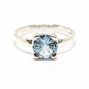 Natural Aquamarine Ring Sterling Silver Blue Concave Faceted Aquamarine Gemstone Ring Handmade Authentic Gift For Her