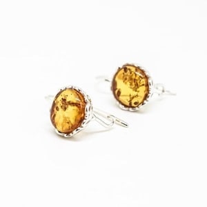 Natural Amber Sterling Silver Earrings, Dangle, Drop, Round, Handmade, Orange, Solid 925 silver, Safety Hook, Gift For Her, Jewelry