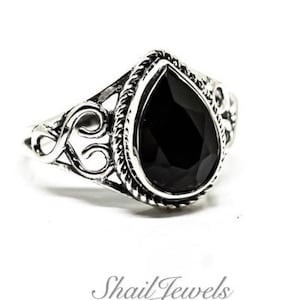 Natural Black tourmaline Ring sterling silver 925 Pear Teardrop statement Jewelry Gift