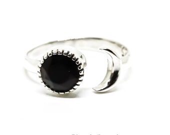 Sun Moon Black Tourmaline Ring, Adjustable Sterling Silver