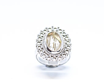 Anello in argento sterling con quarzo rutilato dorato, fatto a mano