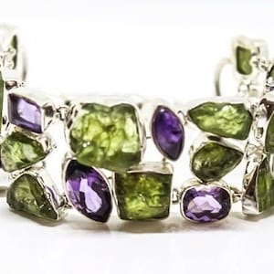 AAA Natural Peridot, Amethyst Bracelet, Solid Sterling Silver, Adjustable length,  lobster clasp, chunky, wide, one of kind, 3