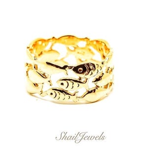 14K Gold Swimming Against The Current, Ring, Sterling Silver,  School of fish, fish swimming upstream. Gift for Her, Jewelry, handmade