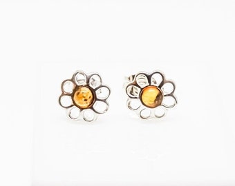 Natural Baltic Yellow Amber Stud Earrings, Round, Flower, Dainty Stud Earrings, Post Earrings