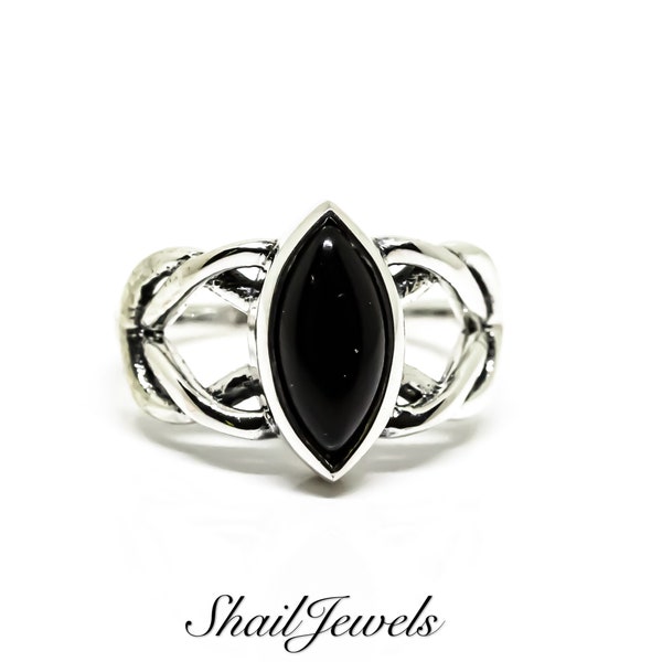Bague Ancienne En Argent Massif 925 Avec Pierre Noire - Taille 52