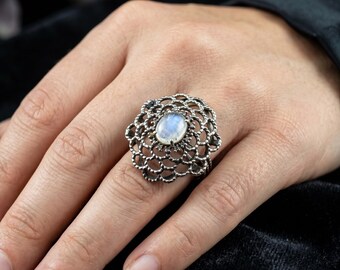 Rainbow Moonstone Sterling Silver Statement Ring Handmade