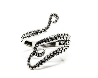 Sterling Silver Octopus Tentacle Adjustable Ring, Solid 925 Silver, Nautical, Adjustable, Dainty, Stackable, Ring, Him, Her, Gift