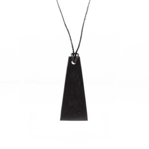 May include: A black trapezoidal pendant suspended from a thin black cord. The pendant has a smooth, matte finish and a single circular hole at the top center where the cord passes through, creating a simple and clean geometric necklace design.