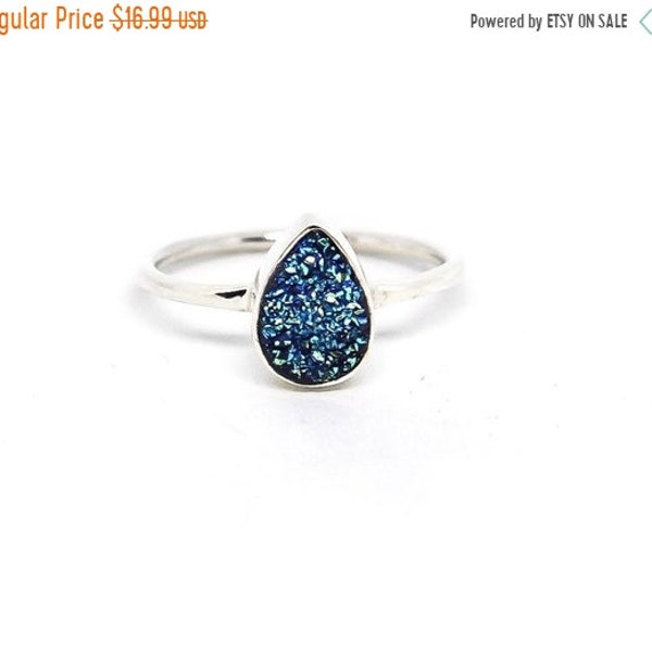 Sterling Silver Blue Druzy Ring, Teardrop, Dainty, Midi, Stackable, Titanium, Ring Size 6 7 8