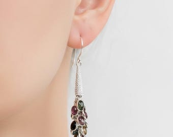 Multicolor Tourmaline Sterling Silver Drop Earrings, Handmade Jewelry