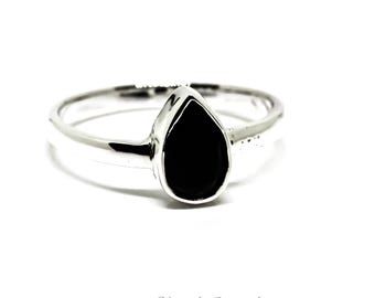 Teardrop Black Tourmaline Ring, Sterling Silver 925, Handmade