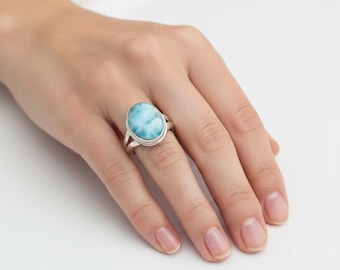 Larimar Sterling Silver Statement Ring Size 7 Oval