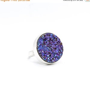 Druzy ring set in Sterling silver Titanium Aura ring Druzy Round Blue Purple quartz. image 1