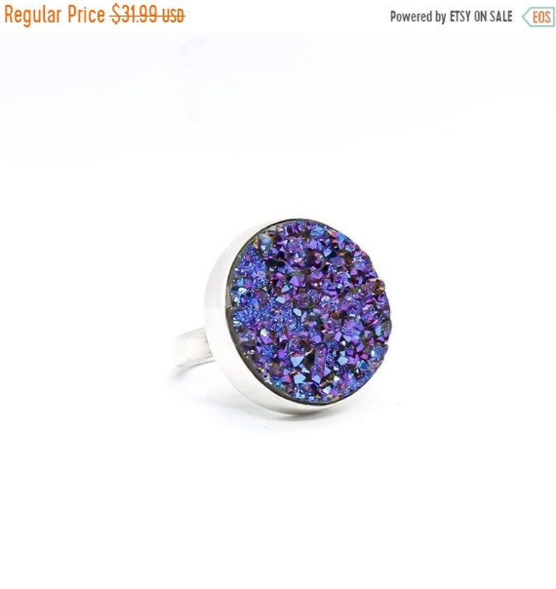 Druzy ring set in Sterling silver Titanium Aura ring Druzy Round Blue Purple quartz. image 1