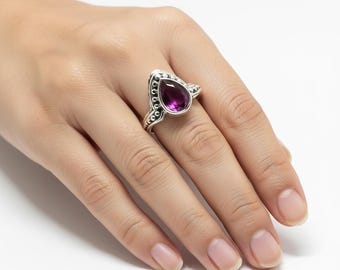 Handmade Sterling Silver Ruby Teardrop Ring, July Birthstone