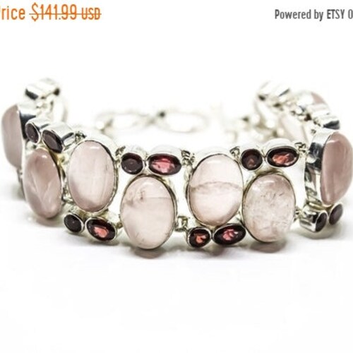 Special Sale AA Rose Quartz, Garnet Bracelet Sterling Silver 925, Multi-Stone, Chunky Bracelet, Adjustable Bracelet, Toggle Clasp. One Of Ki main image 1