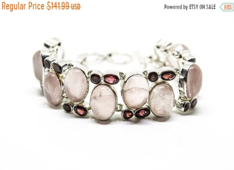 Special sale AA Rose Quartz, Garnet Bracelet Sterling Silver 925, Multi-Stone, Chunky Bracelet, Adjustable Bracelet, Toggle clasp. One Of Ki