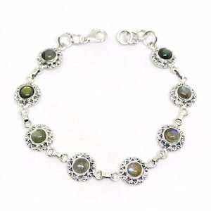 Labradorite Moonstone - Bracelet - Sterling Silver - Link - Chain - Clasp- Round - Dainty - Adjustable - Bracelet- Jewelry- Gift For Her